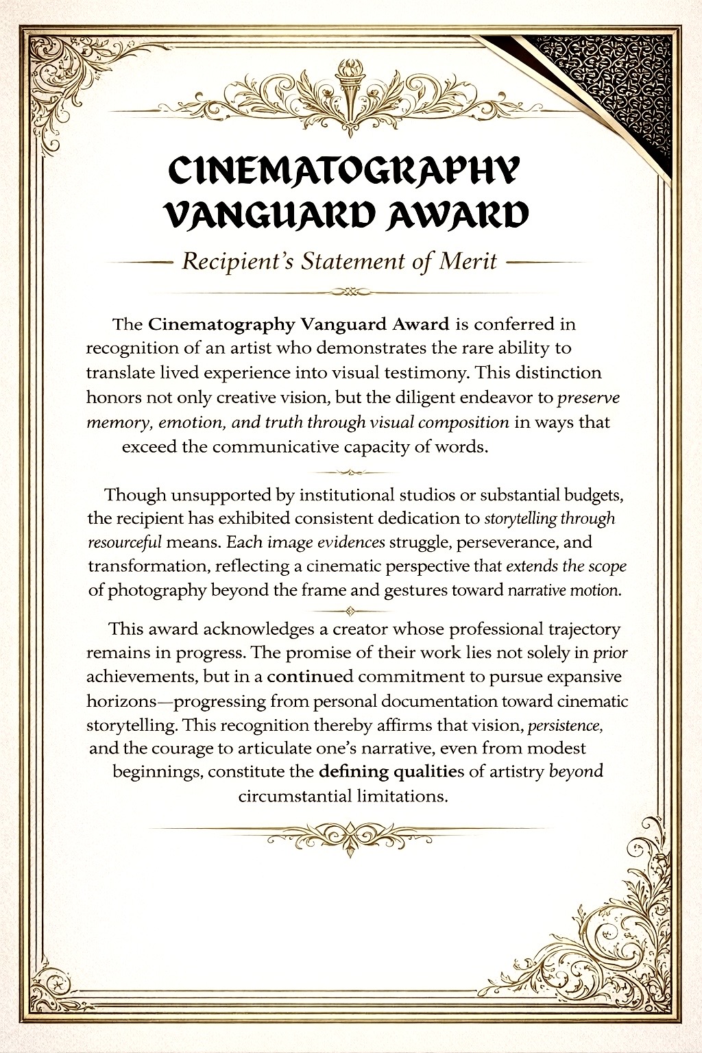 Cinematography Vanguard Award Statement of Merit